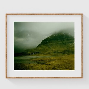 Iceland Landscape Photography Print - Moody Mountain Scene with Waterfall in Mist - Fine Art Travel Photography for Nordic Home Decor