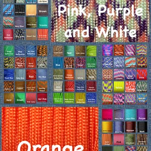 May include: A collage of numerous paracord samples in various solid colours and multi-coloured patterns. The image features text overlays including Pink, Purple and White and Orange. The cords display diverse textures, weaves, and reflective finishes.