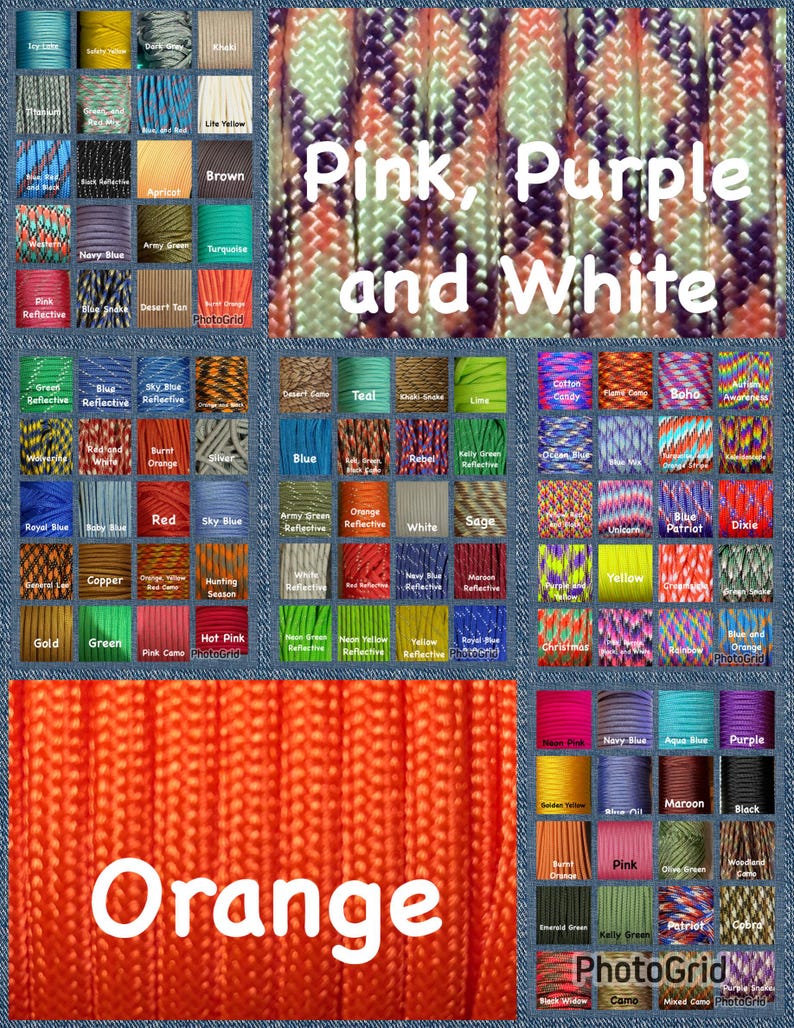 May include: A collage of numerous paracord samples in various solid colours and multi-coloured patterns. The image features text overlays including Pink, Purple and White and Orange. The cords display diverse textures, weaves, and reflective finishes.