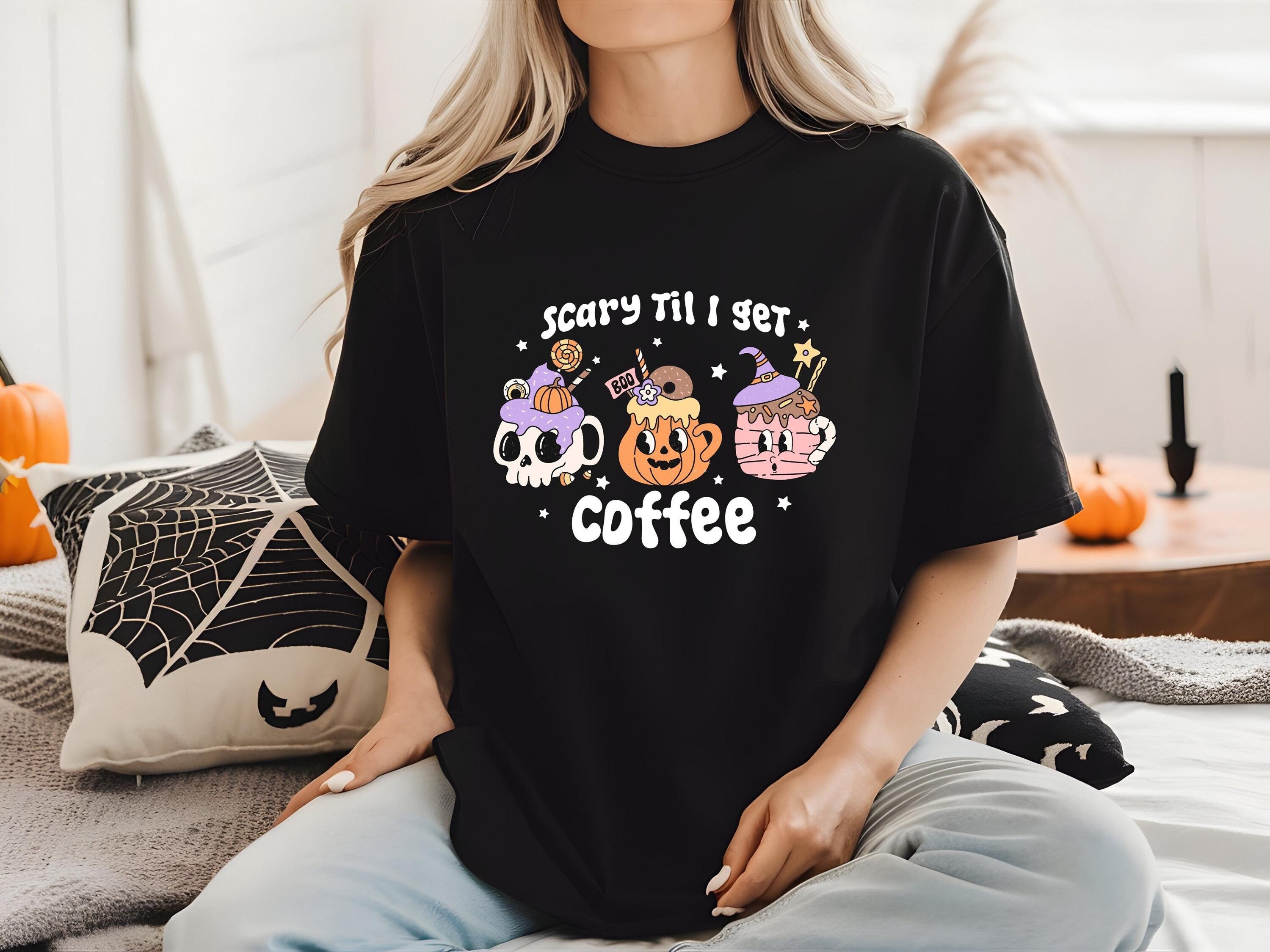 Scary Til I Get Coffee Halloween T-Shirt, Pumpkin Halloween Tees, Halloween Gift Shirt, Popular Halloween Tees, Scary Til I Get Coffee Tees