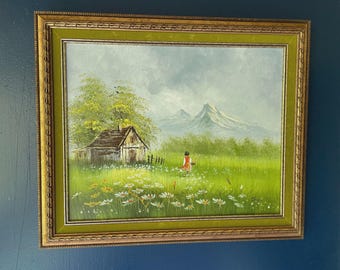 Antique Original Oil Painting - Prairie and Mt Fiji - Framed and Signed