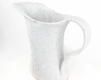 White Speckled Ceramic Pitcher with Flower Impressions, Artisan Handmade Pottery