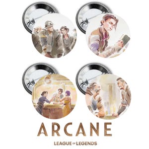 May include: Set of four round metal pinback buttons featuring watercolor illustrations from the Arcane League of Legends series. The buttons depict various scenes and characters, with the word "Arcane" below.