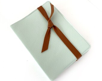 Custom Leather Bible Cover with Tie Accent - Mint Green with Brown - Handmade with genuine leather - Custom sized to fit your Bible