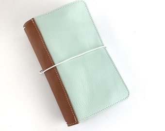 Travelers Notebook Cover- Mint Green with Cork Brown Reinforced Spine - TN -Genuine Leather - B6 - A5 - Personal - Pocket - Standard - Mini