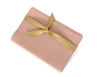 Custom Leather Bible Cover with Tie Accent - Pink with Tan - Handmade with genuine leather - Custom sized to fit your Bible