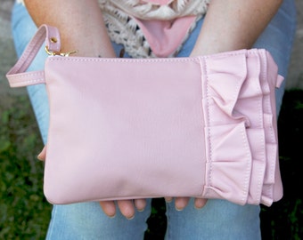 Pink Leather Wristlet Bag - Pink Leather Clutch - Small Handbag - Ruffled Leather Bag - Small Pink Leather Bag -