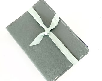 Custom Leather Bible Cover with Tie Accent - Grey with Mint Green - Handmade with genuine leather - Custom sized to fit your Bible