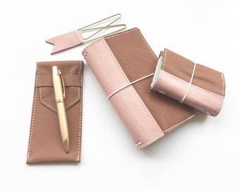 Travelers Notebook - Brown with Pink Reinforced Binding - Genuine Leather - 6 Sizes