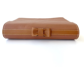 Brown Bible Cover with Bow Accent - Handmade with genuine leather - Custom sized to fit your Bible or Book.