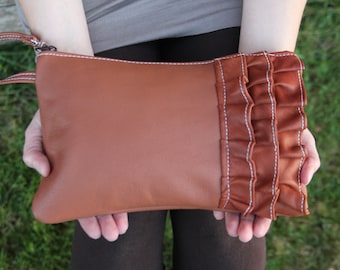 Brown Leather Clutch with Ruffles - Handmade Ruffled Wristlet - Travelers Notebook Carrier