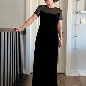 full length 1990s black velvet feel dress / gown with sheer mesh top