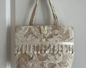 Vintage ivory and cream tapestry bag with fringe detail and mother of pearl beads