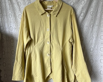 Vintage chartreuse green/yellow oversized cotton blouse with asymmetric hem and oversized buttons - xl