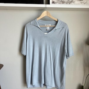vintage deadstock silk blend blouse / baby blue blouse / muted blue shirt / vintage collared shirt