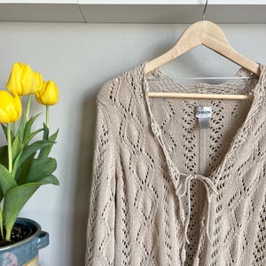 vintage crochet cardigan / cotton blend cardigan / crochet top / tie top / vintage clothing