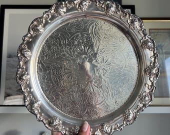 Vintage silver plated footed tray with grape boarder and paisley engraving