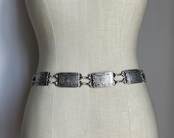 Vintage Coin Concho Belt Stretch Large Buckle Silver Art 