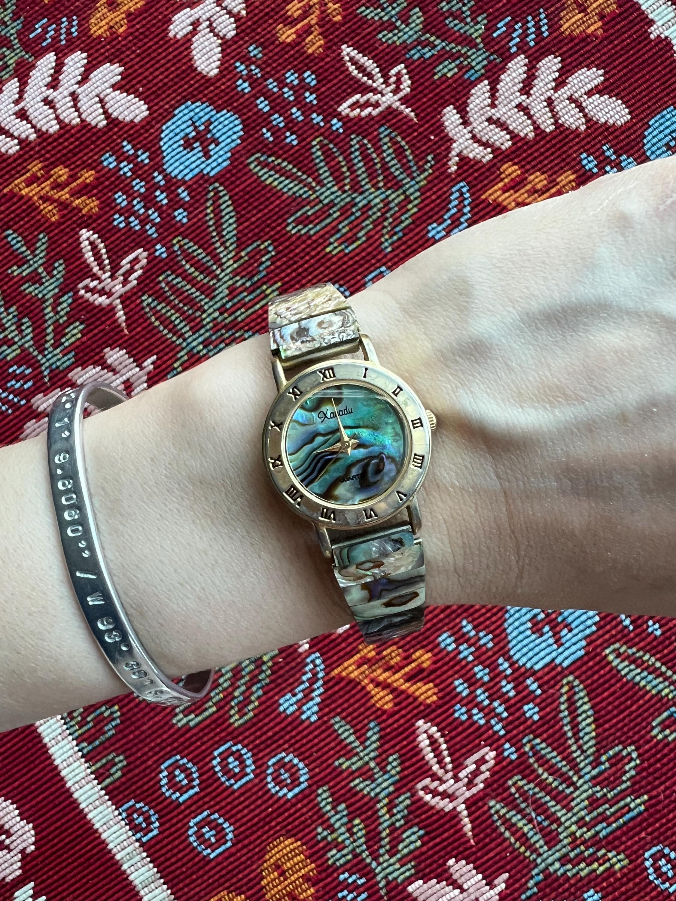 Xanadu Quartz Japan Movement Faux Turquoise & Marcasite Vintage Watch Xanadu Quartz Abalone Wrist Watch for sale at auction on  main image 3