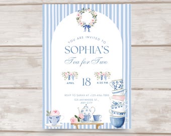May include: A light blue and white striped invitation for "Sophia's Tea for Two." The invitation features floral illustrations, stacked teacups, and the date April 18 at 4:30 PM. Includes RSVP information.