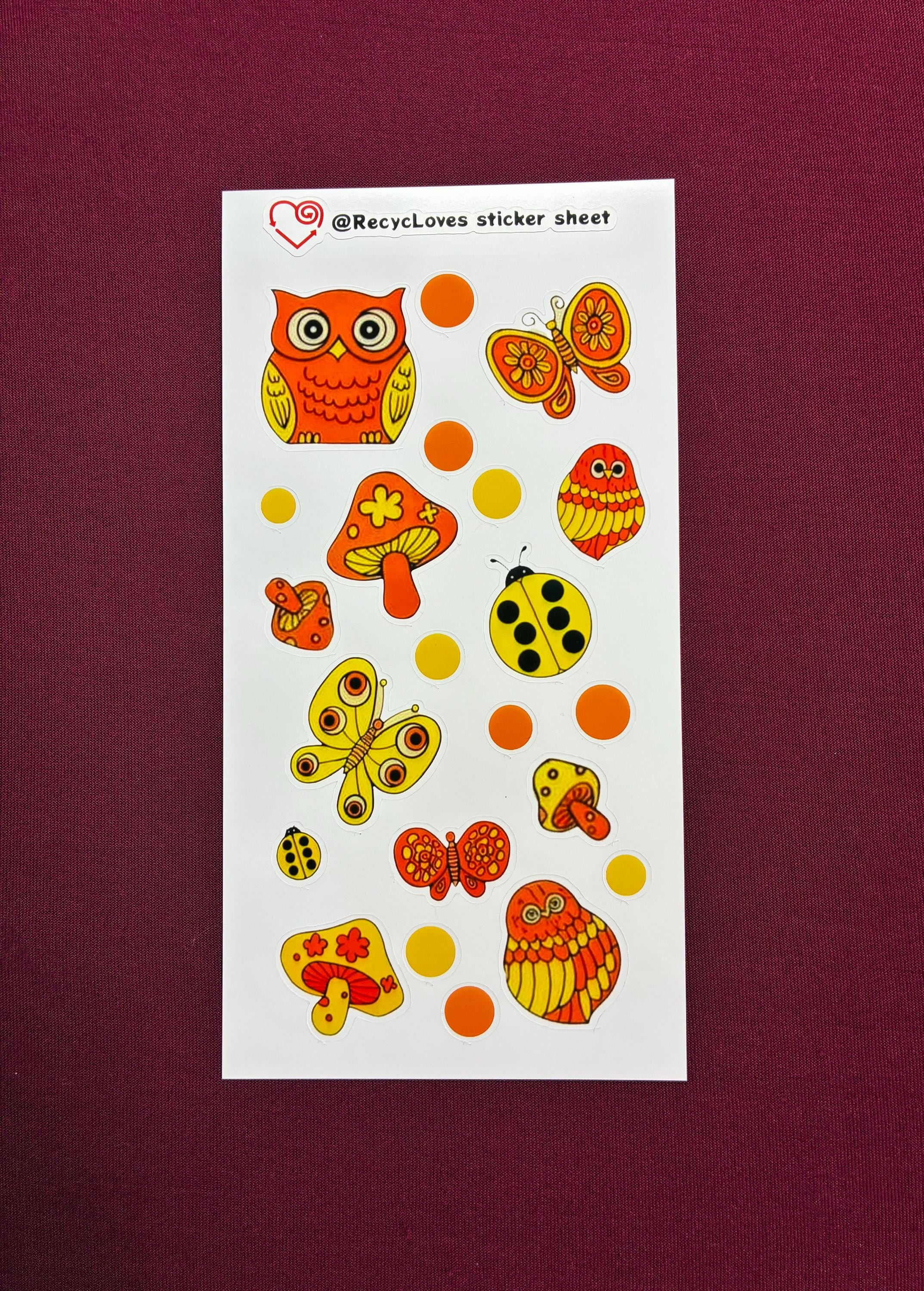 RecyLoves Sticker Sheet / Orange and Yellow Owls and Mushrooms / Groovy