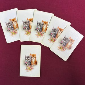 May include: A collection of vintage playing cards featuring illustrations of two kittens. One kitten is gray and the other is orange, with a floral bouquet at the bottom. The cards are arranged on a burgundy surface.