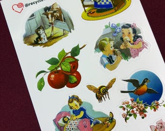RecyLoves Sticker Sheet / A is for Apple / Vintage Illustrations