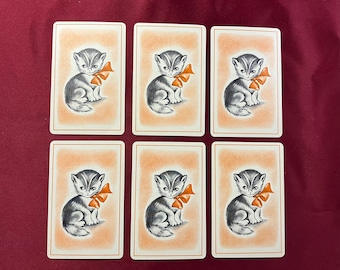 Sweet Orange Bow Kitty Cat Vintage Playing Cards / Set of 6 Individual Cards