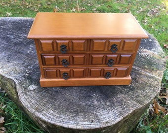 Vintage Mini Dresser Wood Jewelry Box / Wind Up Music Box / Yellow Velvet Lined