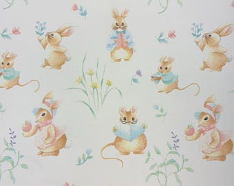 Mouse and Bunny Wallpaper / Vintage Paper / One Yard