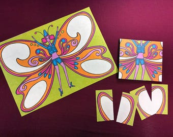Vintage Large Stationery Sheet / 60s / Psychedelic / Butterfly Girl