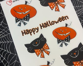 RecycLoves Sticker Sheet / Vintage Black Cat and Pumpkin / Halloween / Bow Ties