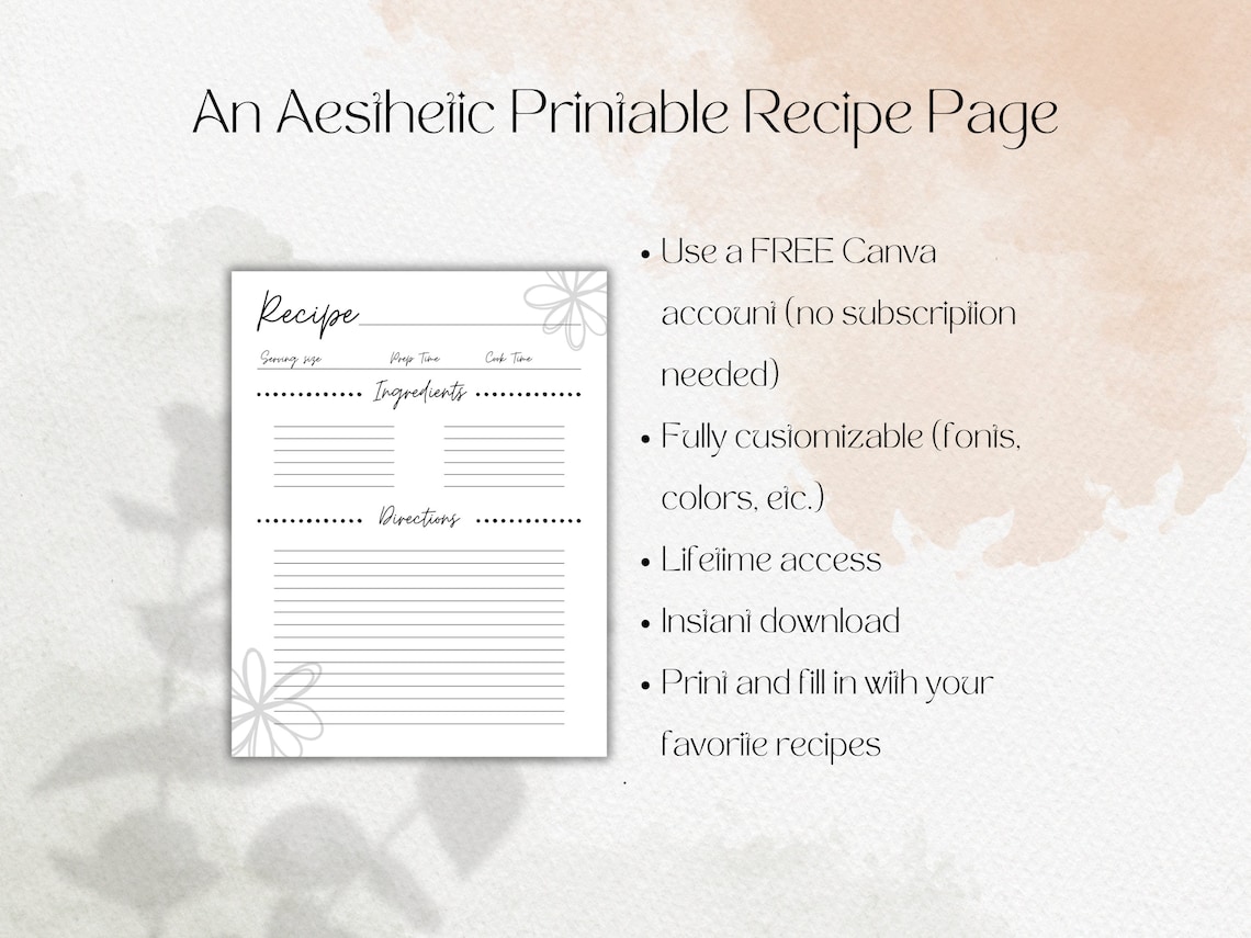 PRINTABLE Recipe Page Template Aesthetic CANVA Recipe Printable Modern Editable Recipe Page ...