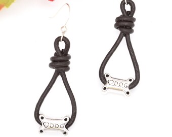 Leather Earrings with Dog Bone Charm, Perfect Gift for the Dog Lover, Sterling Silver Ear Wires