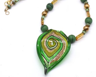 Green Swirl Lampwork Pendant Necklace, Gift for Mother's Day, Anniversary Present