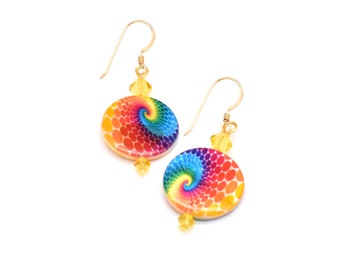 14K Gold Filled Crystal Earrings, Ocean Wave Disk Earrings, Colorful Jewelry