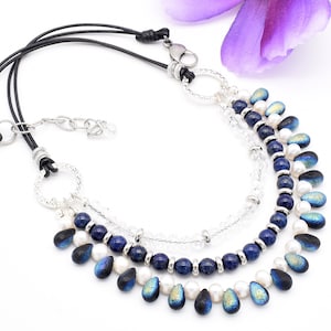 Freshwater Pearl Necklace, Triple Strand Blue Lapis Lazuli Gemstone Necklace, Anniversary Gift, Christmas Gift for Wife