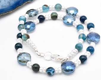 White Pearl Necklace with Blue Agate, Anniversary Gift for Wife, Mother's Day Gift