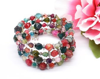 Multicolor Gemstone Memory Wire Bracelet,  Wrap Agate Coil Bracelet, Statement Jewelry, One Size Fits Most