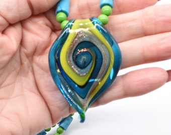 Blue Swirl Lampwork Glass Pendant Necklace, Mother's Day Gift, Anniversary Gift, Blue and Green Beaded Necklace