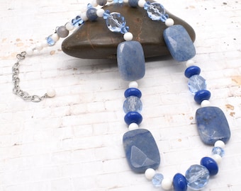 Blue Quartzite Necklace with Mother-of-Pearl Beads. Stainless Steel Findings, Adjustable