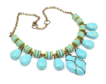 Turquoise Necklace, Ceramic Teardrops, Anniversary Gift