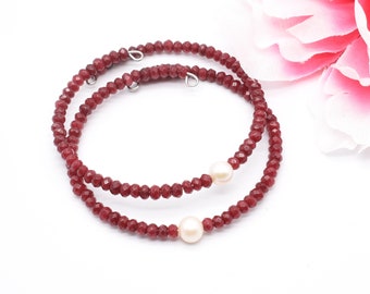 Ruby Red Memory Wire Bracelets, Pearl Bracelet Set