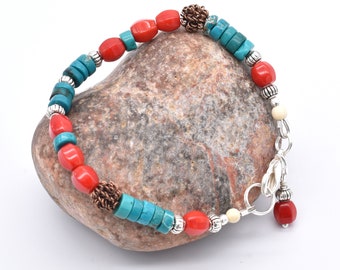 Coral Turquoise Bracelet, Christmas Gift, Colorful Jewelry,