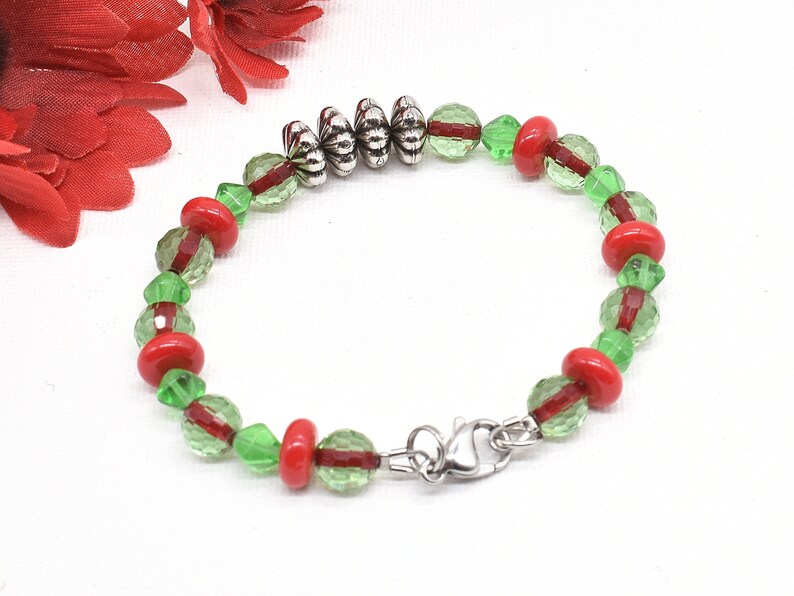 Red and Green Glass Bracelets with Stainless Steel Clasp, Set of 3 image 7