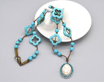 Turquoise Simulant Necklace with Pendant, Hand Knotted Jewelry