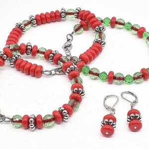 Red and Green Glass Bracelets with Stainless Steel Clasp, Set of 3 image 2