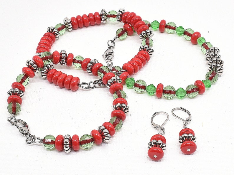 Red and Green Glass Bracelets with Stainless Steel Clasp, Set of 3 image 2