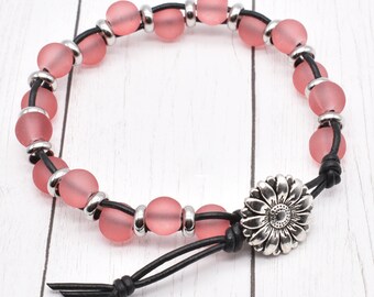 Rose Glass Beaded Bracelet with Adjustable Button Clasp