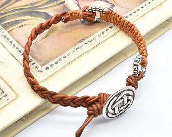 Macrame and Braided Rustic Brown Leather Bracelet, Handmade Jewelry